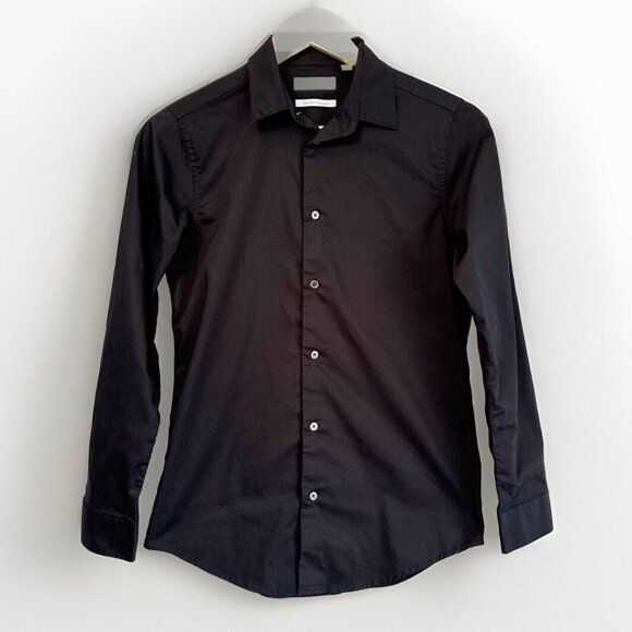 Calvin Klein Womens Slim Fit Stretch Button Up Career Top Sz 16 Black Minimalist - Picture 1 of 8